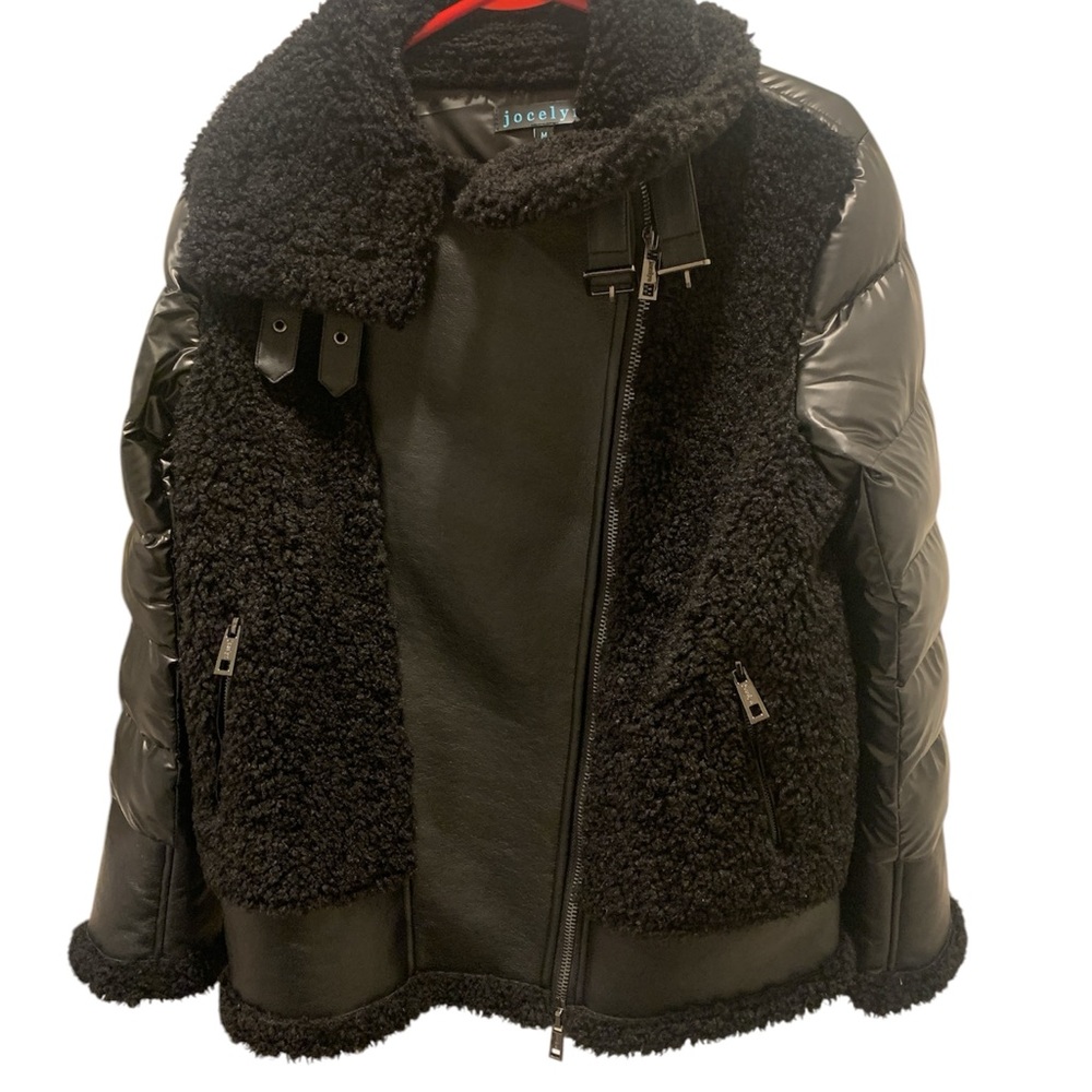 Black Leather and Sherpa Puffer Bomber Jacket Jacket